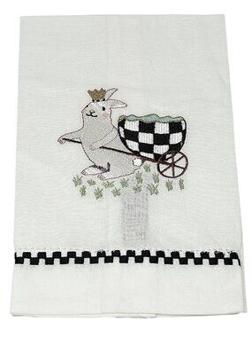 MacKenzie Childs Bunny Tea Towel Easter Courtly Check Embroidered Cotton Linen N